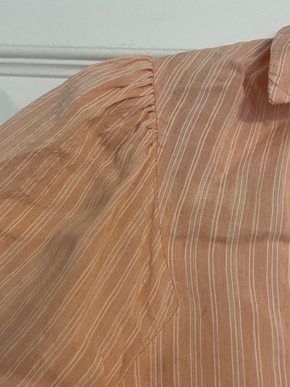 INTERMIX Silk-Blend Peach-Striped Puff Sleeve V-Neck Blouse - Picture 4 of 8
